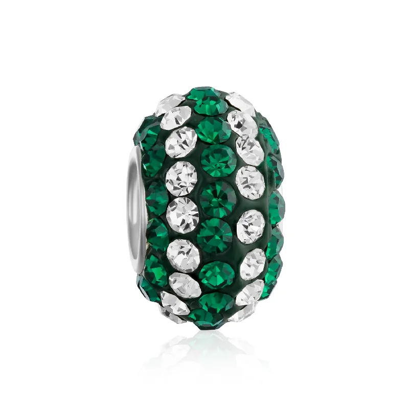 Ladies bracelets bold weight bracelets-Green White Striped Crystal Bead Charm for European Bracelet Sterling Silver Core