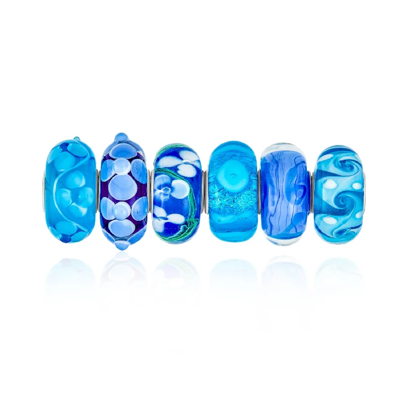 Ladies bracelets Japanese aesthetic designs-Mixed Set of 6 Sterling Silver Core Blue Murano Glass Charm Beads for Bracelet