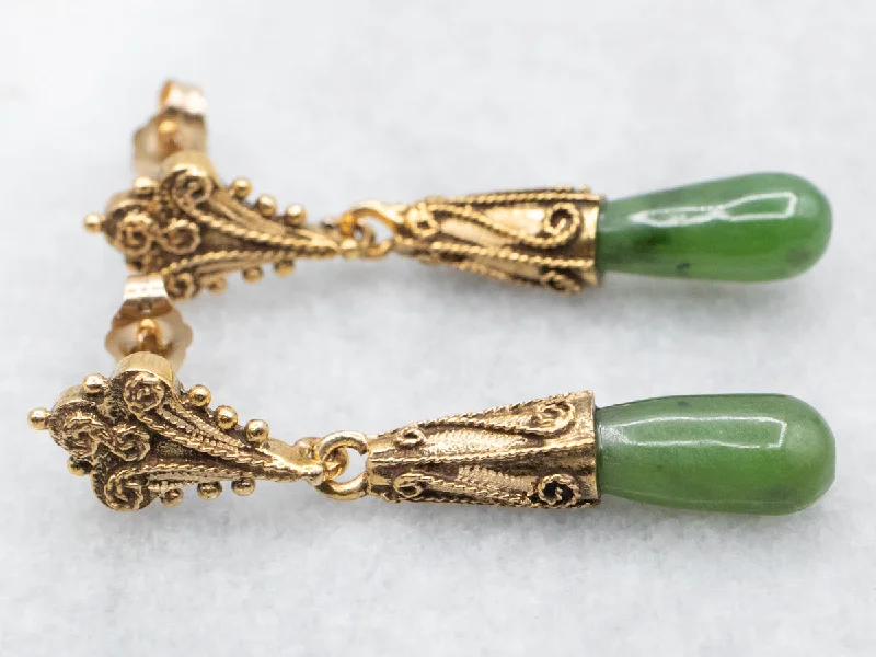 ladies earrings braided platinum-Scrolling Gold Nephrite Jade Drop Earrings