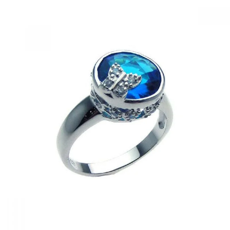 ladies ring with initials-Silver 925 Rhodium Plated Blue Center CZ Butterfly Ring - STR00609