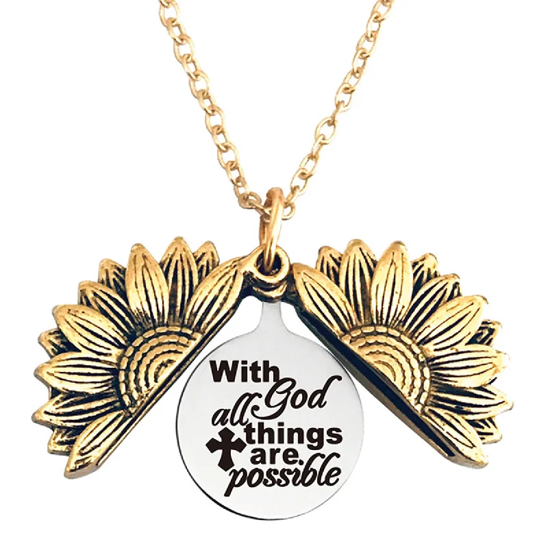 Ladies necklaces delicate chain styles-With god All Things are Possible Stainless Steel & Alloy Sunflower Link Necklace Double Sided Opens…