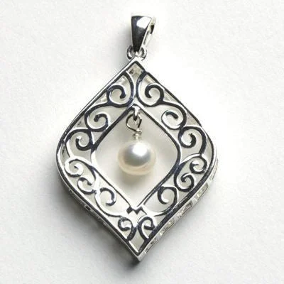 ladies earrings elegant silver-Framed Drop Freshwater Pearl Pendant and Earrings in Sterling Silver.