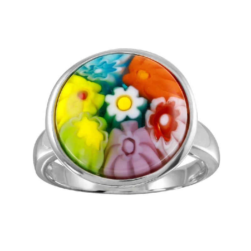 ladies ring adjustable gold-Rhodium Plated 925 Sterling Silver Disc Murano Glass Ring - MR00010