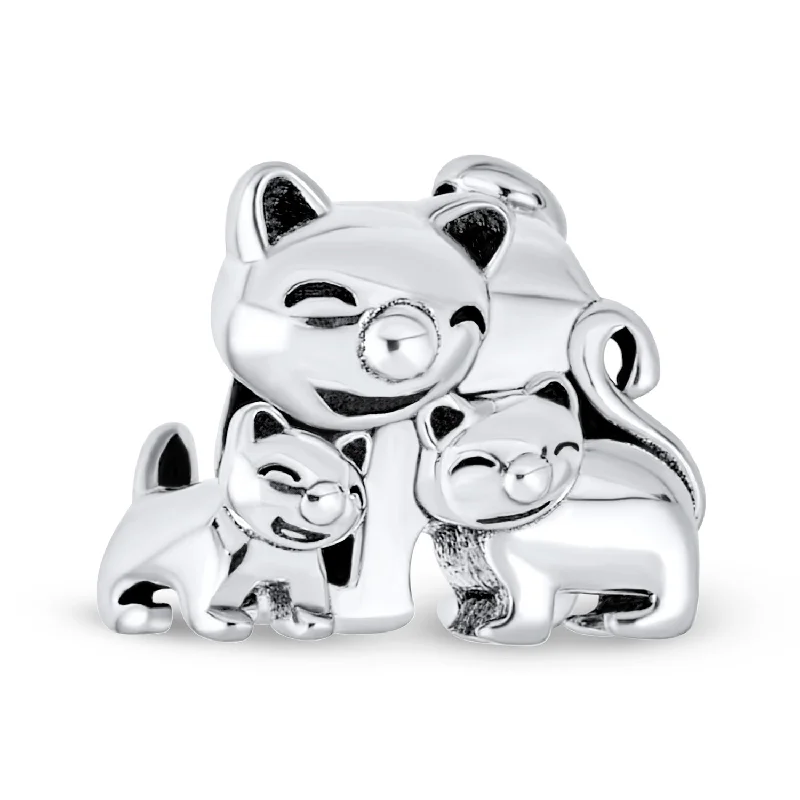 Ladies bracelets dangling charm styles-Mommy Cat & Kittens Charm Bead Sterling Silver for European Bracelet