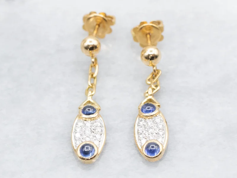 ladies earrings modern rose gold-Sapphire Cabochon and Diamond Gold Drop Earrings