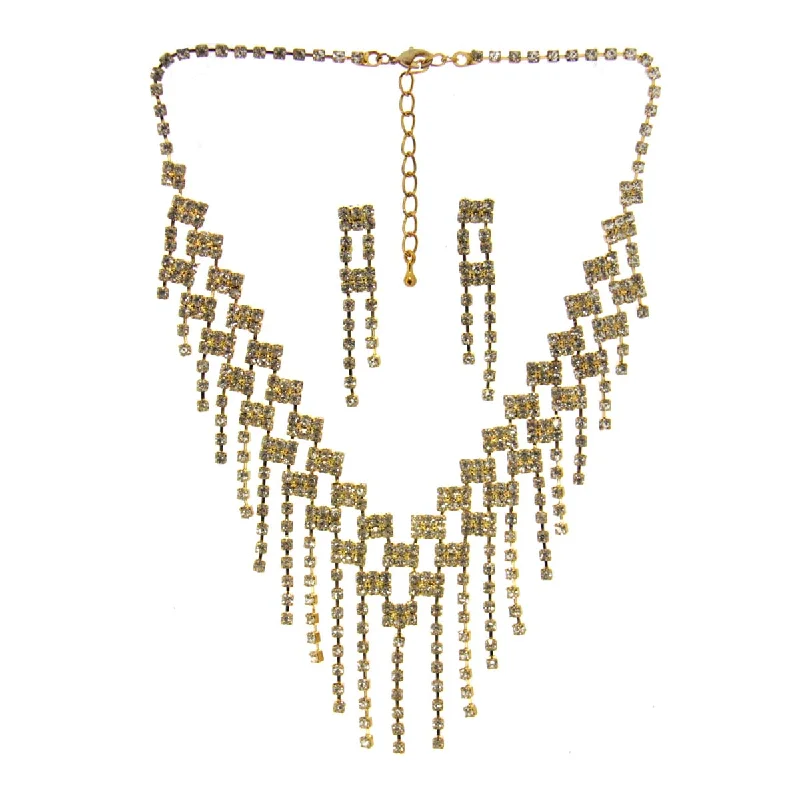 Ladies necklaces multi-strand designs-Rhinestone Necklace & Earrings Gold