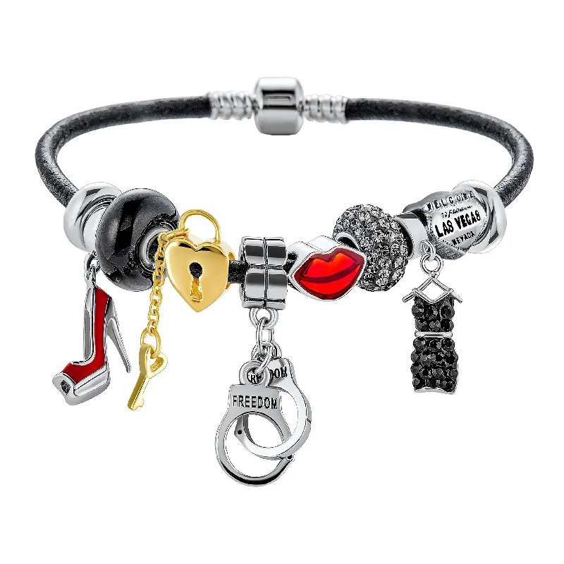 Ladies bracelets curved edge designs-Hot Wife Partners in Crime Heart Charm Bracelet Black Leather Sterling Silver 6.5-8"