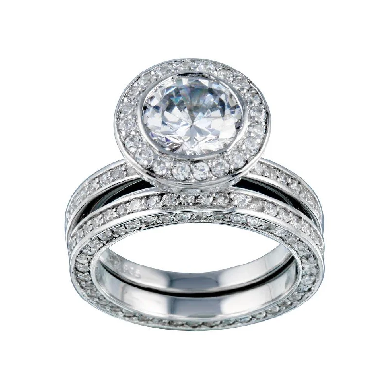 ladies ring polished-Rhodium Plated 925 Sterling Silver Clear CZ Round Bridal Ring Set - BGR00199