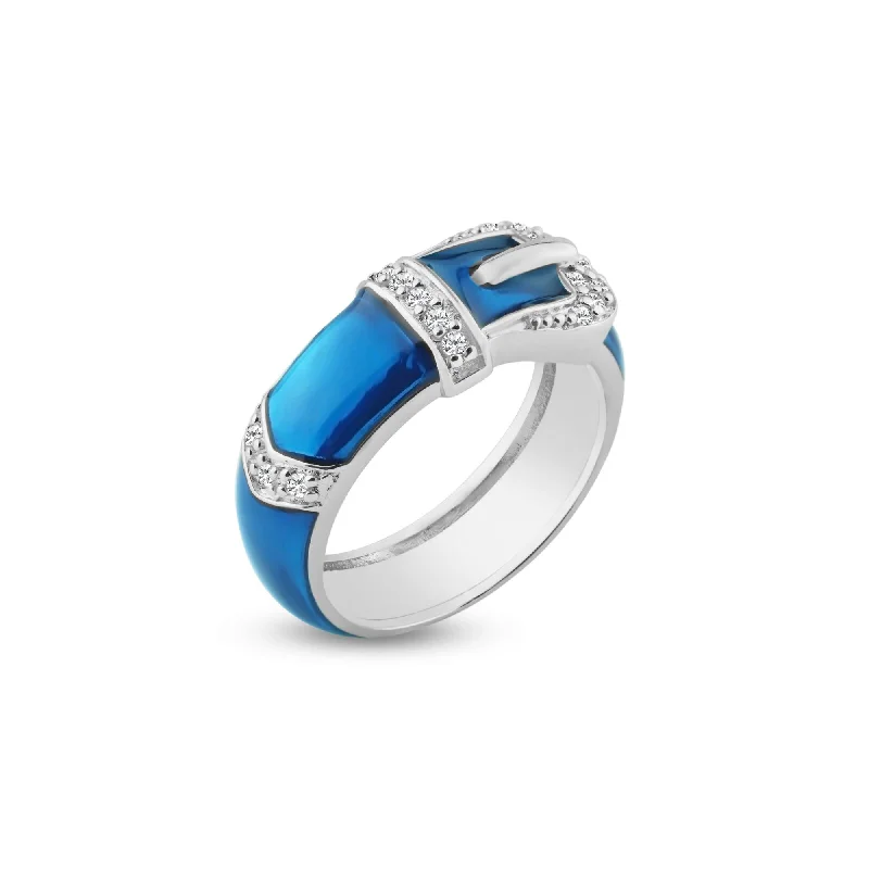 ladies ring gemstone-Silver 925 Rhodium Plated Blue Enamel CZ Belt Buckle Ring - STR00614