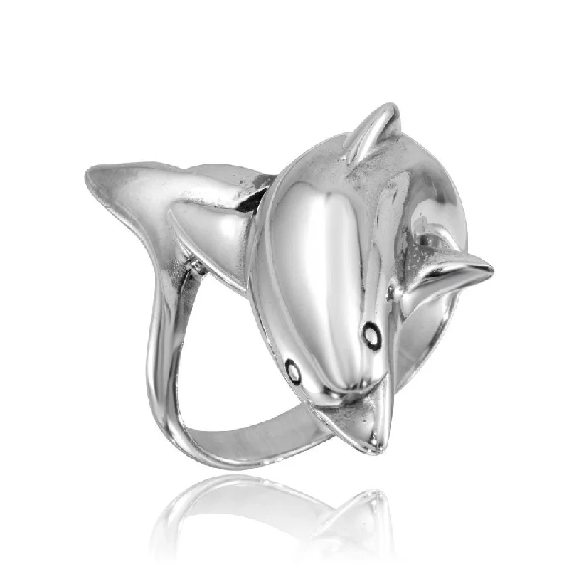 ladies ring single stone-High Polished 925 Sterling Silver Dolphin Ring - CR00746