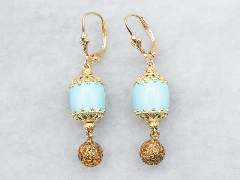 ladies earrings modern rose gold-Yellow Gold Turquoise Bead Drop Earrings