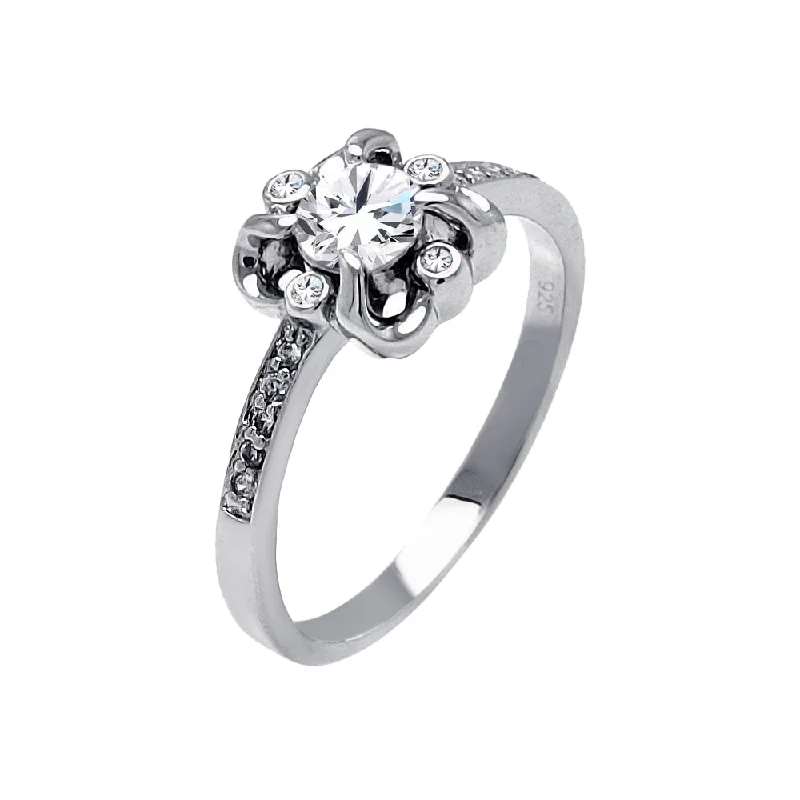 ladies ring geometric-Silver 925 Rhodium Plated Round Clear Center CZ Flower Ring - BGR00478