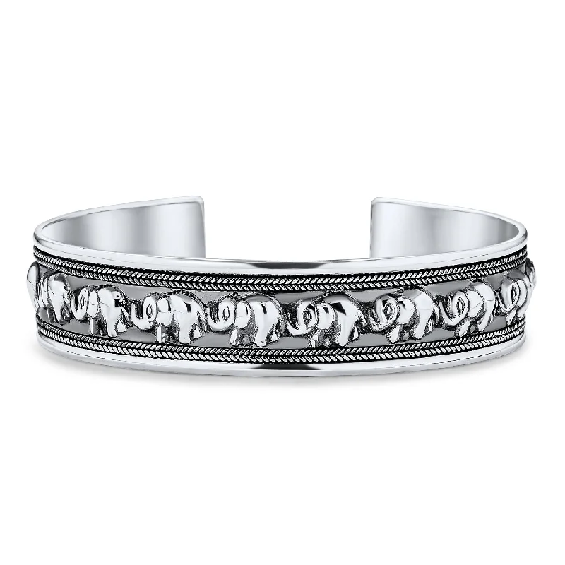 Ladies bracelets romantic floral styles-Bali Style Elephant Cuff Bracelet in Oxidized Sterling Silver for Good Luck