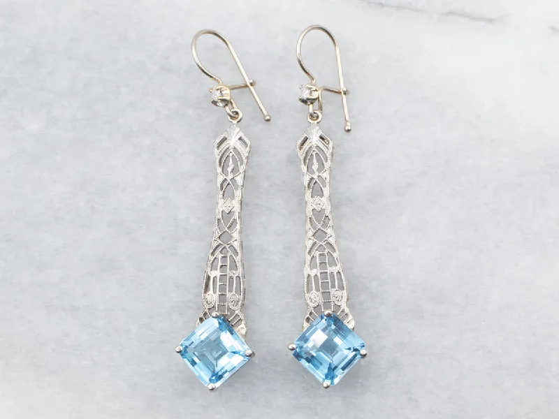 ladies earrings winter silver-White Gold Blue Topaz Filigree Drop Earrings with Diamond Accent