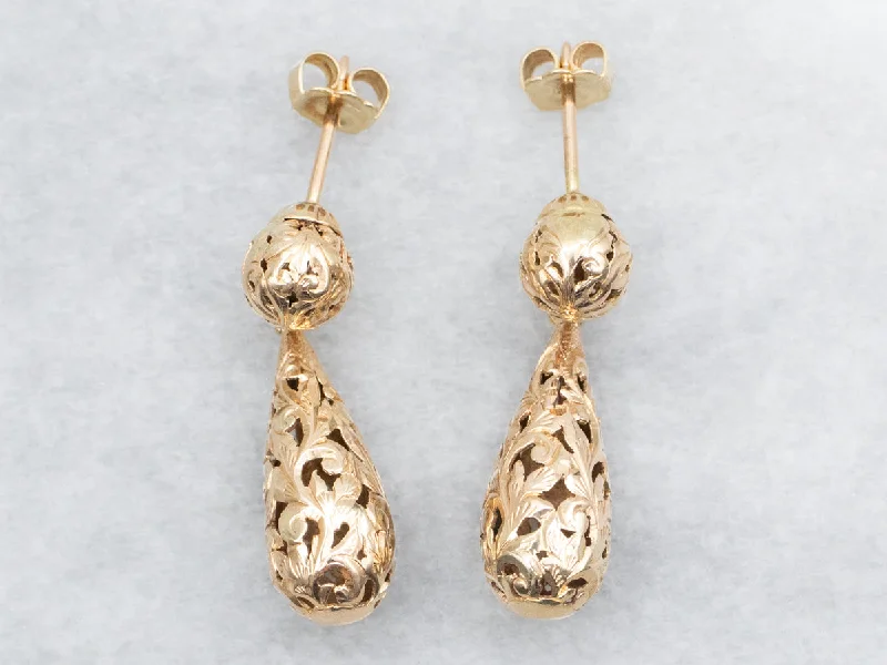 ladies earrings gift gold-Openwork Teardrop Shaped Drop Earrings