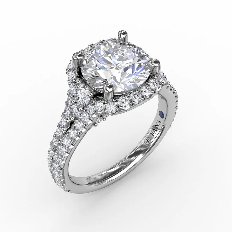 ladies engagement ring exclusive white gold-Cushion Halo Engagement Ring With Side Stones and Double-Row Diamond Band