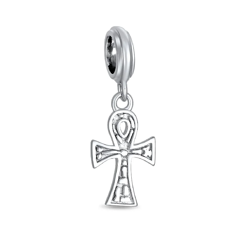 Ladies bracelets amethyst stone styles-Egyptian Ankh Cross Dangle Charm Bead in Oxidized Sterling Silver for Bracelets