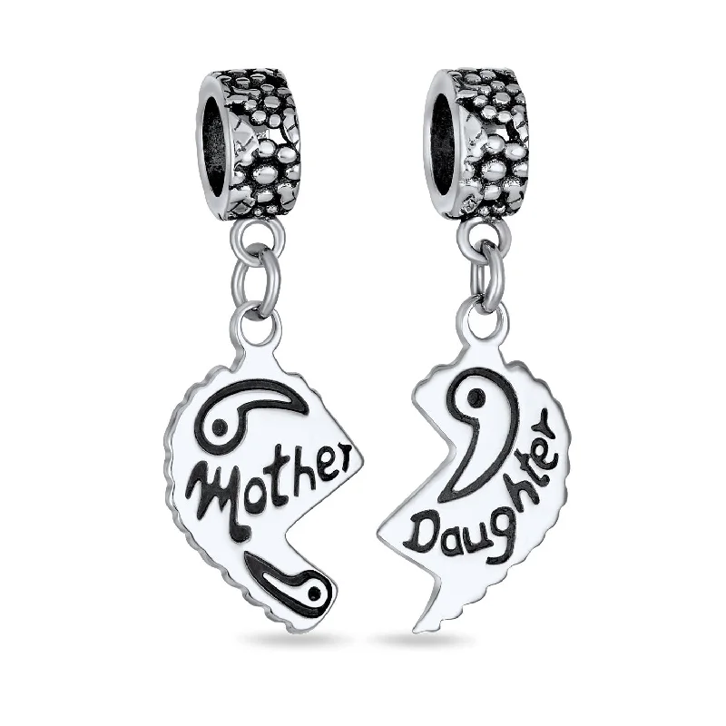 Ladies bracelets openwork pattern styles-Mom Daughter Puzzle Heart Dangle Charm Bead Sterling Silver for European Bracelet