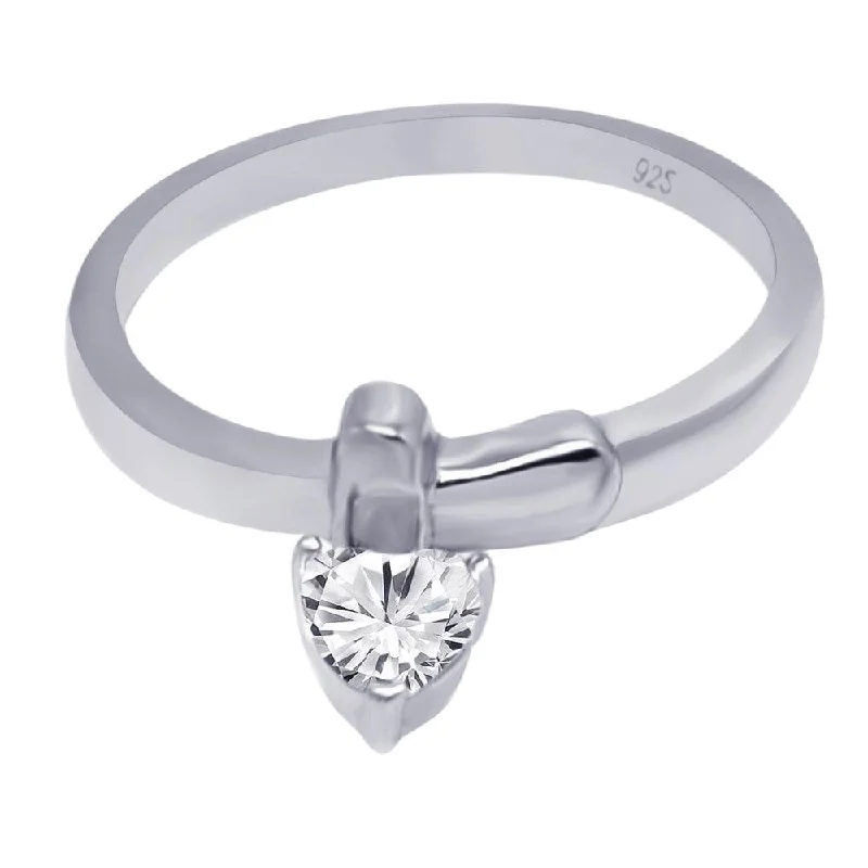 ladies ring floral platinum-Silver 925 Rhodium Plated CZ Dangling Heart Ring - AAR0051