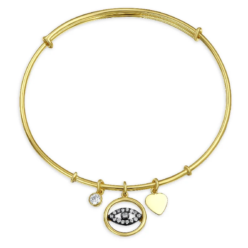 Ladies bracelets Japanese aesthetic designs-Evil Eye Heart Charm Bangle Bracelet CZ Gold Plated Sterling Silver