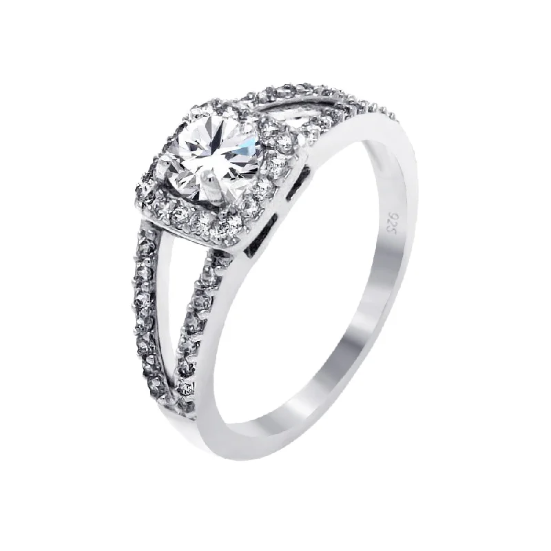 ladies ring clearance-Silver 925 Rhodium Plated Clear Round Center Square Cluster CZ Bridal Ring - BGR00465