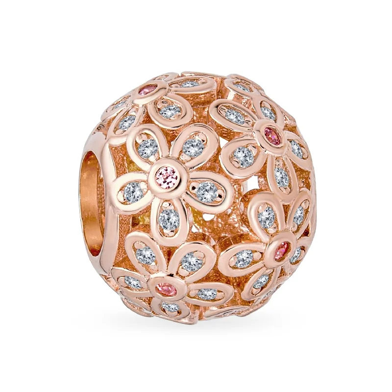 Ladies bracelets celebrity style trends-Round Clear Floral CZ Bouquet Charm Bead Rose Gold for European Bracelet