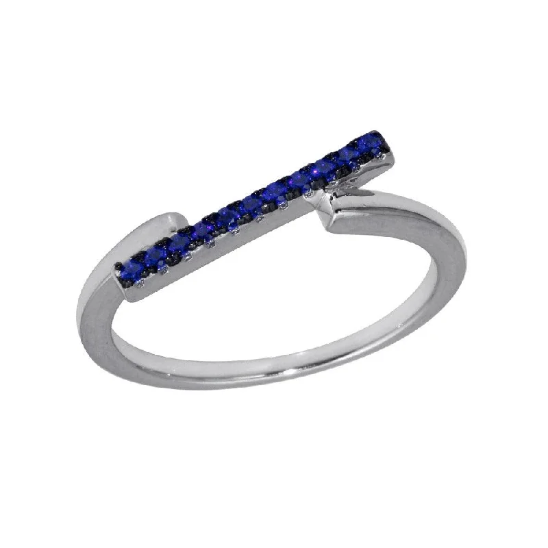 ladies ring adjustable-Rhodium Plated 925 Sterling Silver Blue CZ Bar Ring - BGR01234BLU