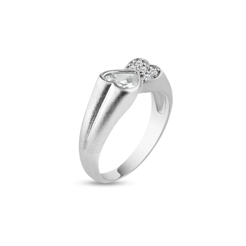 ladies ring for daughter-Silver 925 Rhodium Plated Clear CZ Double Heart Ends Ring - AAR0004