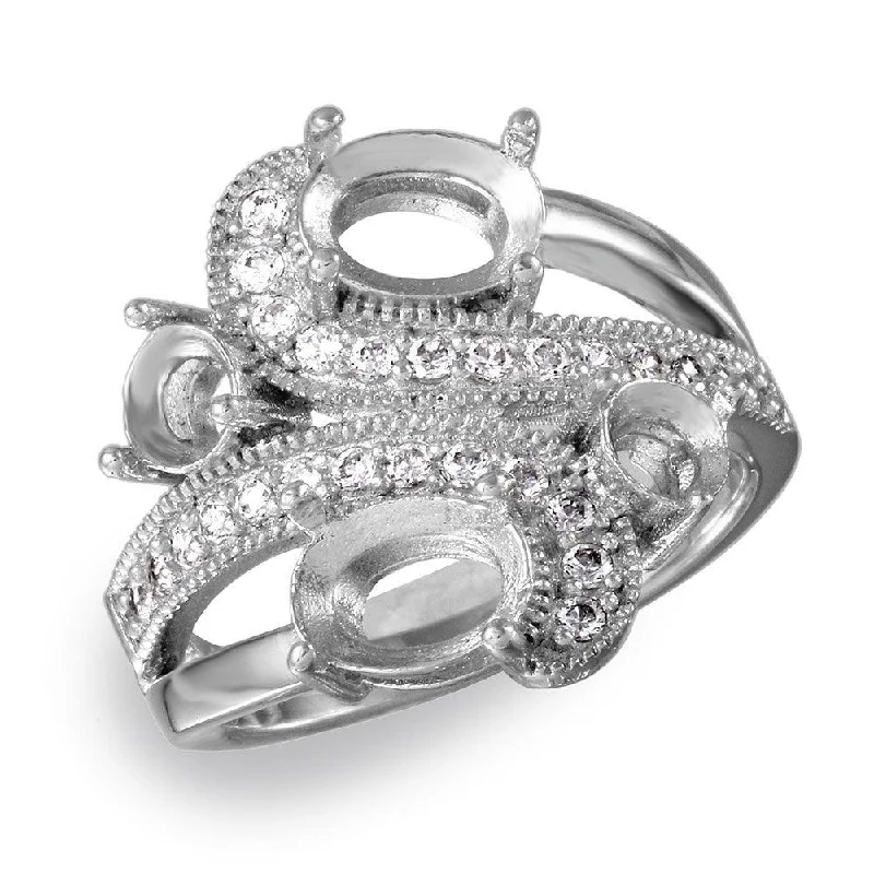 ladies ring lightweight silver-Silver 925 Rhodium Plated 4 Mounting Stones Wave Cz Design Ring - BGR00817