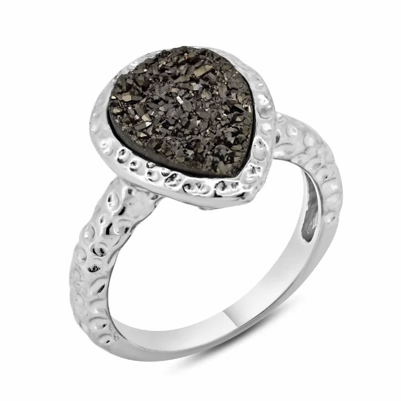 ladies ring subtle-Silver 925 Rhodium Plated Pear Brown Druzy Gemstone Ring - BGR00748