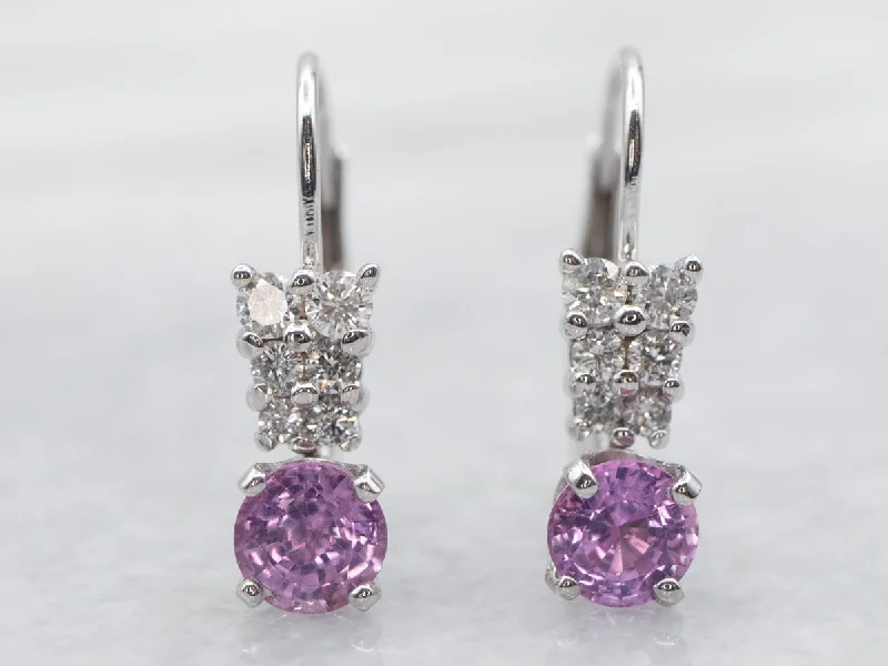 ladies earrings fall gold-White Gold Pink Sapphire and Diamond Drop Earrings