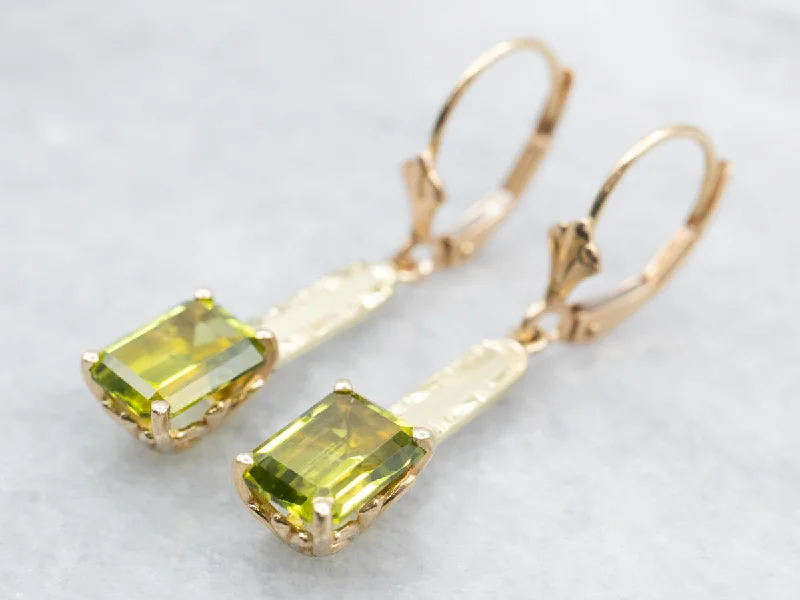 ladies earrings aquamarine-Peridot and Gold Bar Drop Earrings