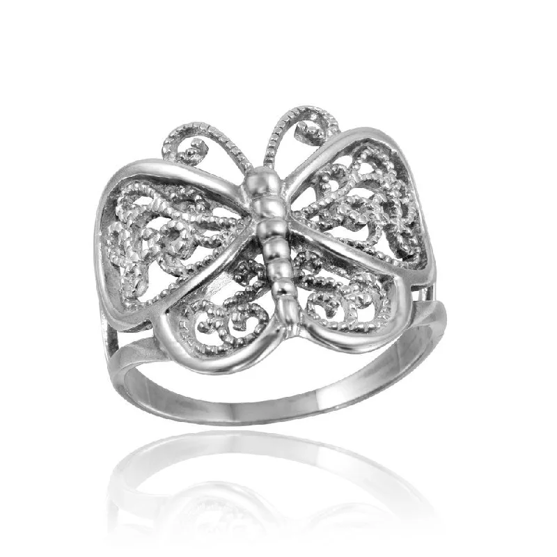 ladies ring twisted silver-High Polished 925 Sterling Silver Butterfly Ring - CR00743