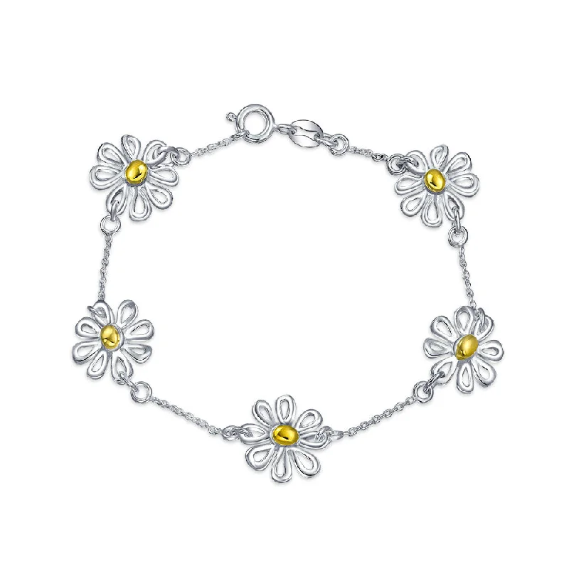 Ladies bracelets Victorian era styles-Summer Two Tone Chain Link Bracelet with Sunflower Daisy Charm 14K Gold Plated Silver