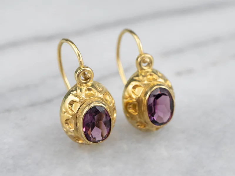 ladies earrings premium gold-High Karat Gold Purple Glass Drop Earrings