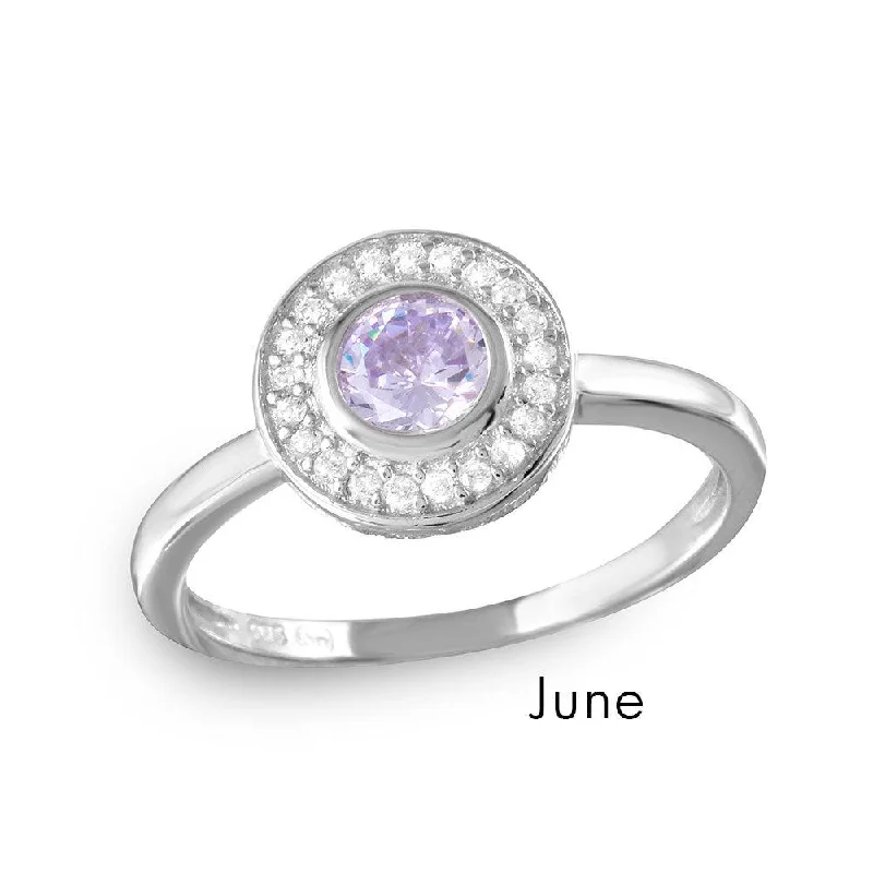 ladies ring lightweight platinum-June Sterling Silver 925 Rhodium Plated CZ Center Birthstone Halo Ring - BGR01082JUN