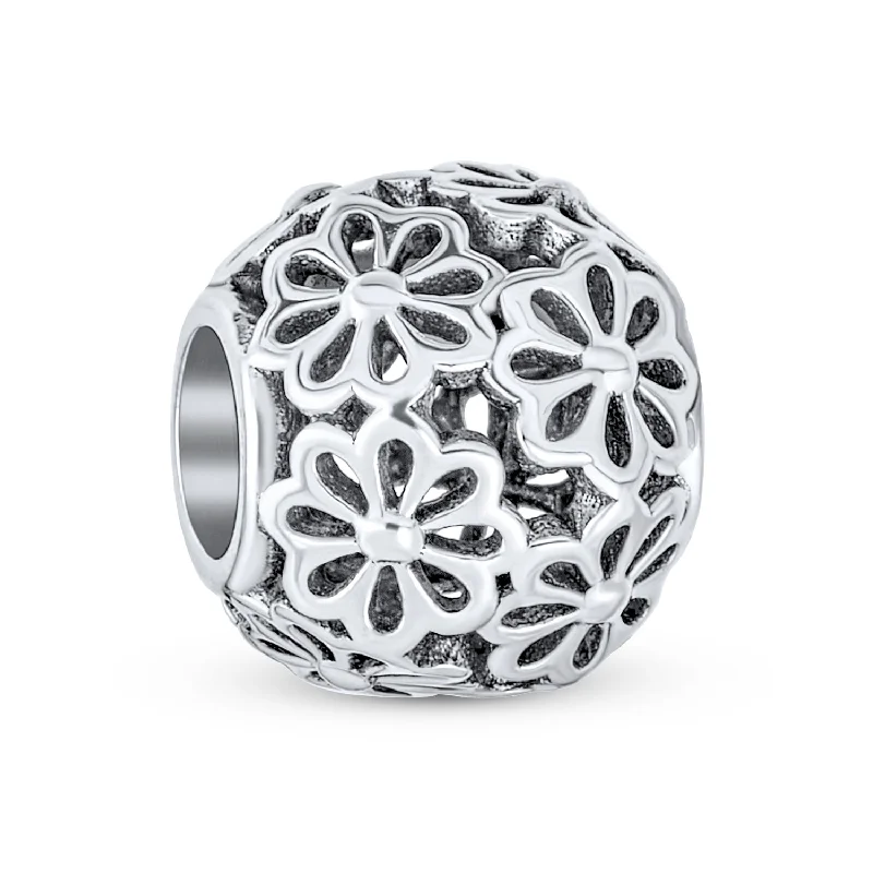 Ladies bracelets engagement gift ideas-Floral Filigree Flower Charm Bead Sterling Silver for European Bracelet