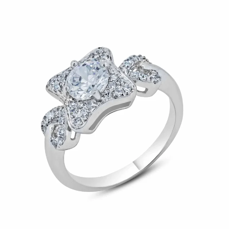 ladies ring unique silver-Silver 925 Rhodium Plated Square Clear CZ Bridal Ring - BGR00553