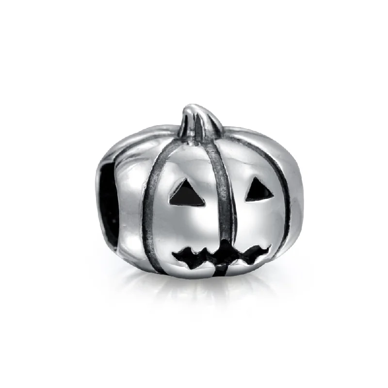 Ladies bracelets filigree detail designs-Spooky Halloween Pumpkin Charm Bead in Oxidized Sterling Silver for Bracelets