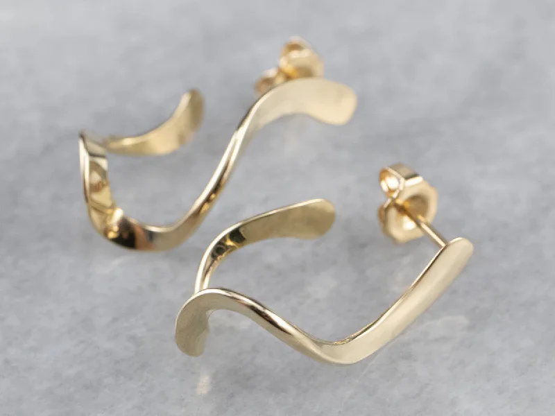 ladies earrings clip-on-Modernist Gold Twisted Drop Earrings