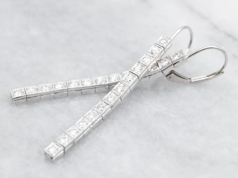 ladies earrings christmas silver-Long Sparkling Platinum Diamond Drop Earrings