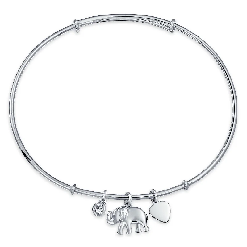 Ladies bracelets travel-friendly designs-Elephant Heart Dangle Charm Bangle Bracelet CZ 925 Sterling Silver