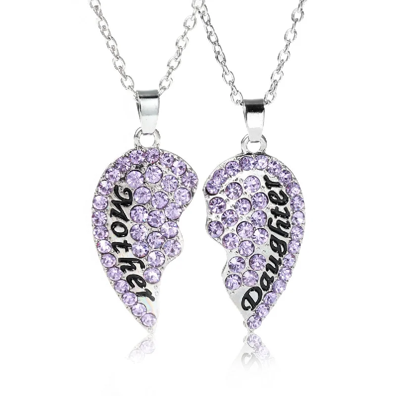 Ladies necklaces black diamond necklaces-Necklace Long Link Cable Chain Broken Heart Message " Mother & Daughter " Pendants Mauve Rhinestone