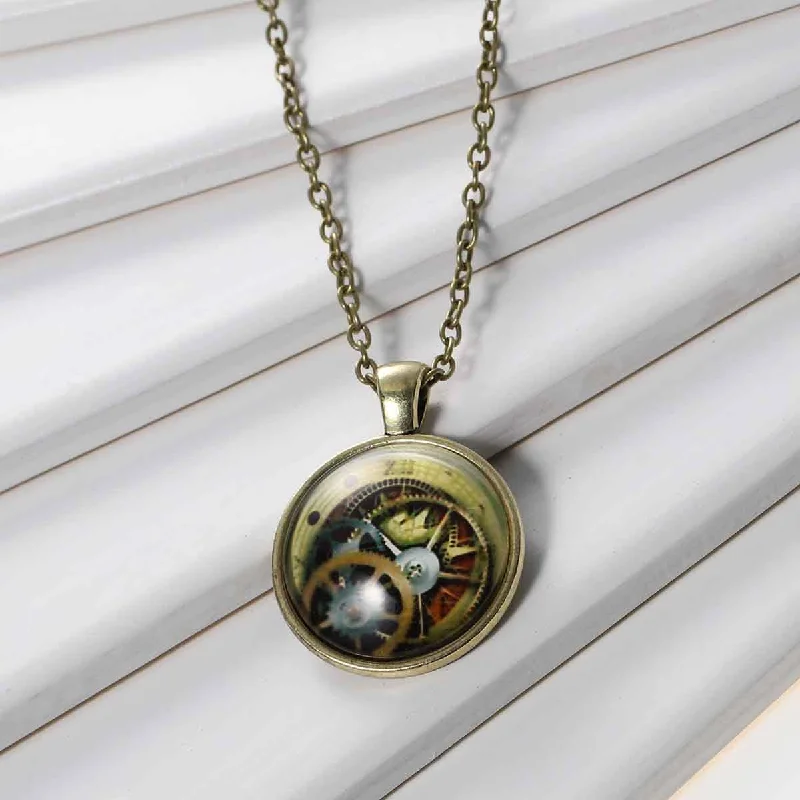 Ladies necklaces retro charm designs-SEXY SPARKLES Steampunk Gear Glass Cabochon Round Pendant Necklace Link Cable Chain Antique Bronze