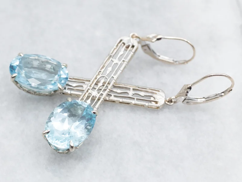 ladies earrings nature gold-White Gold Blue Topaz Filigree Drop Earrings