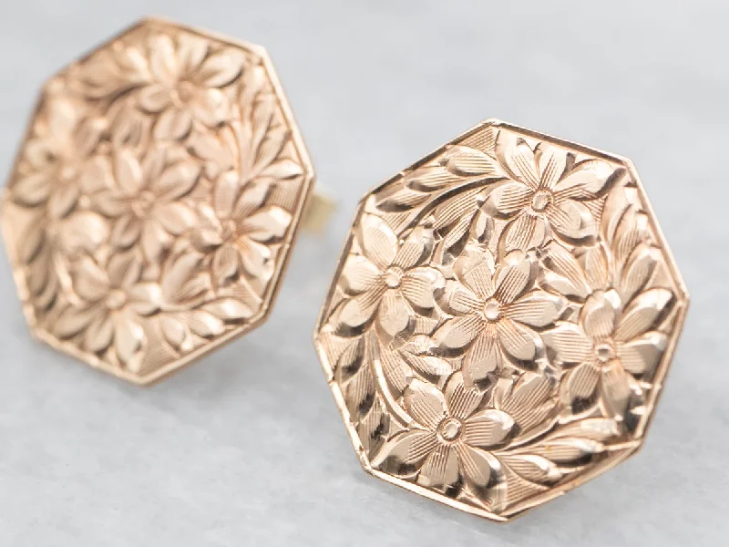 ladies earrings intricate-Beautiful Antique Cufflink Conversion Floral Stud Earrings