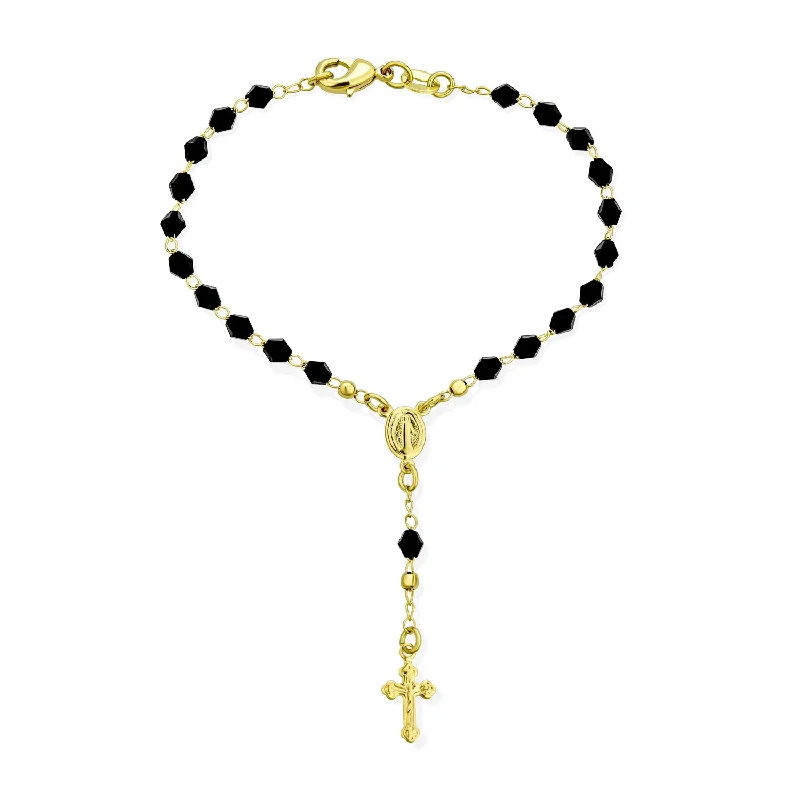 Ladies bracelets promise bracelet options-Christian Rosary-Bead Bracelet Black Beads Virgin Mary Crucifix 18K Gold 7-7.5 Inch