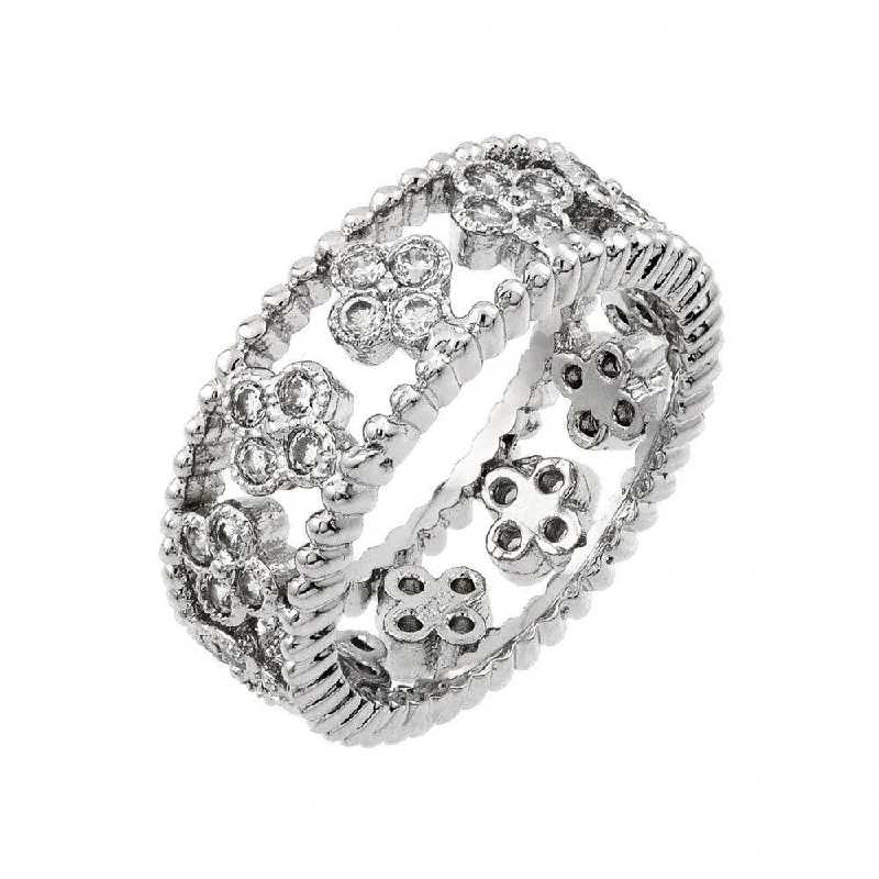 ladies ring under 20-Silver 925 Rhodium Plated Eternity Rope 4 CZ Cluster Ring - BGR00893