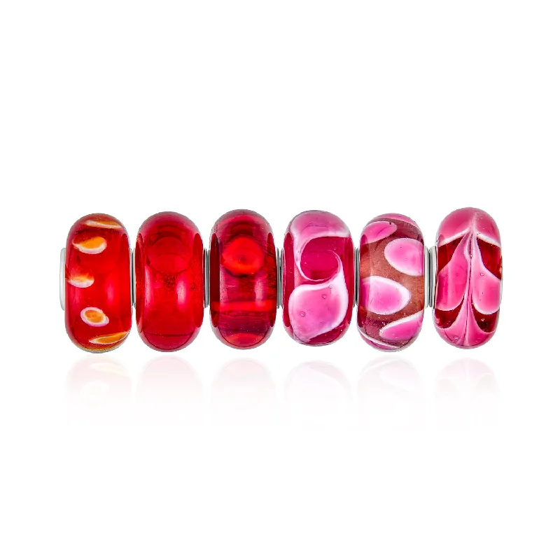 Ladies bracelets dramatic flair bracelets-Mixed 6 Set Sterling Silver Core Red Pink Murano Glass Charm Bead for Bracelet