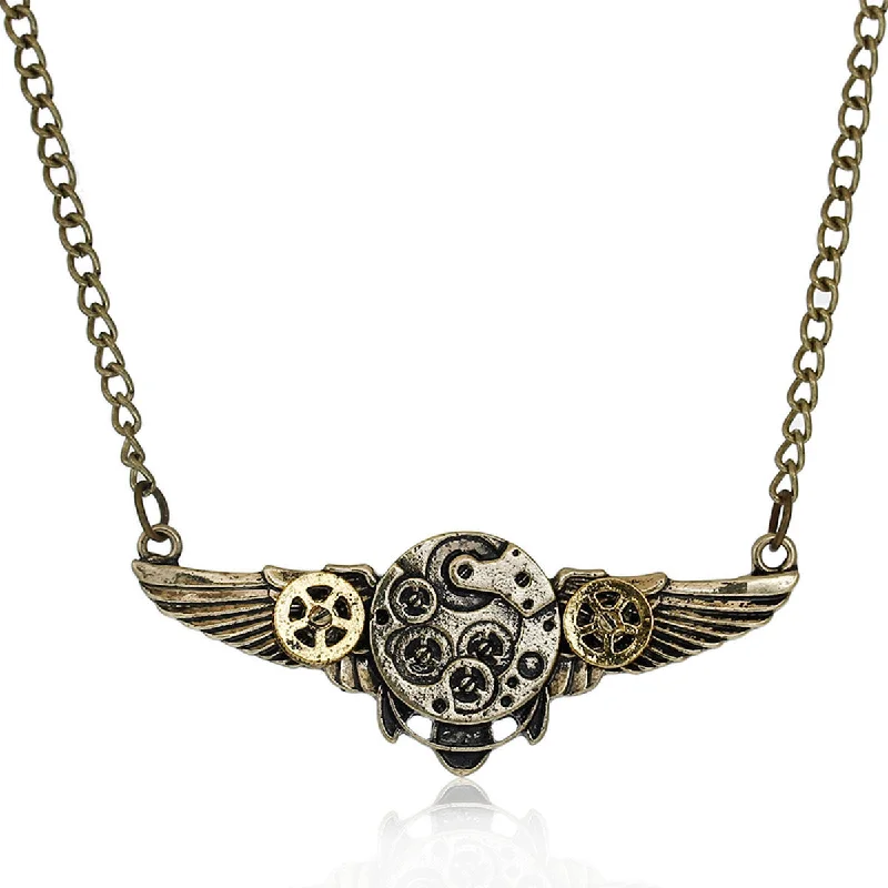 Ladies necklaces Mother’s Day treasures-SEXY SPARKLES steampunk Necklace  Link Curb Chain Antique Bronze Wing Gear Connector for women